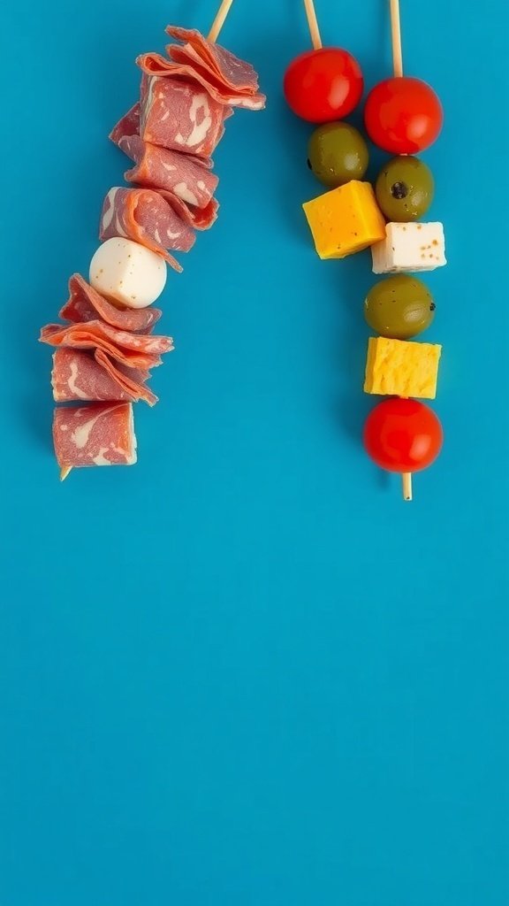Antipasto skewers with salami, cheese, cherry tomatoes, and olives on a blue background.
