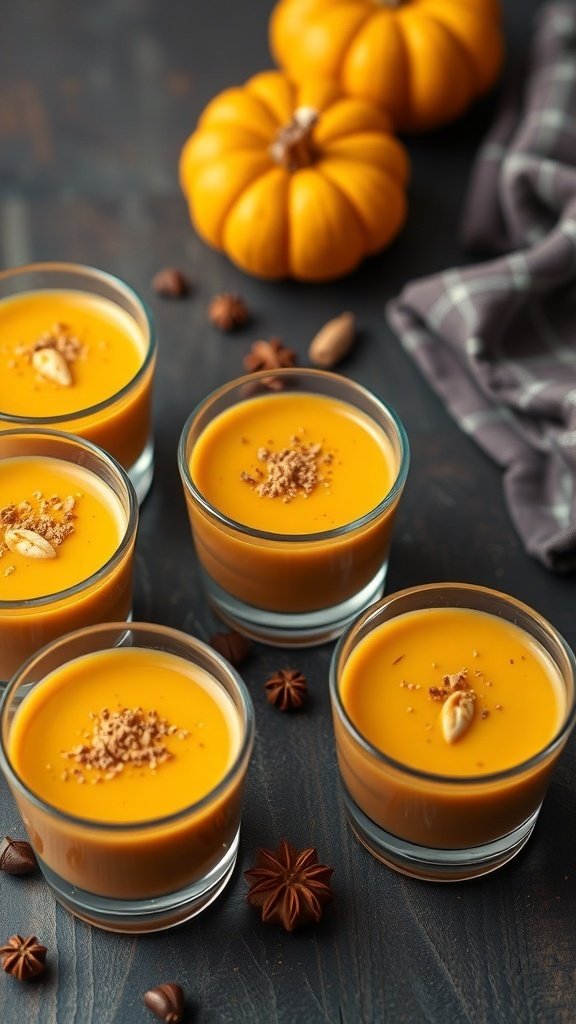 Savory pumpkin soup shots served in small glasses with pumpkin seeds on top.