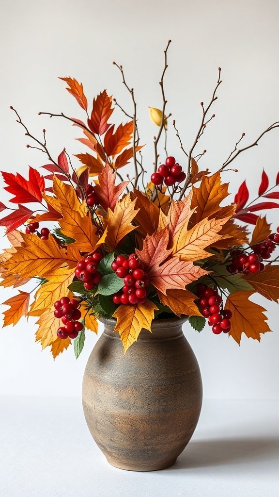 A beautiful fall foliage arrangement featuring orange leaves and red berries in a clay vase.
