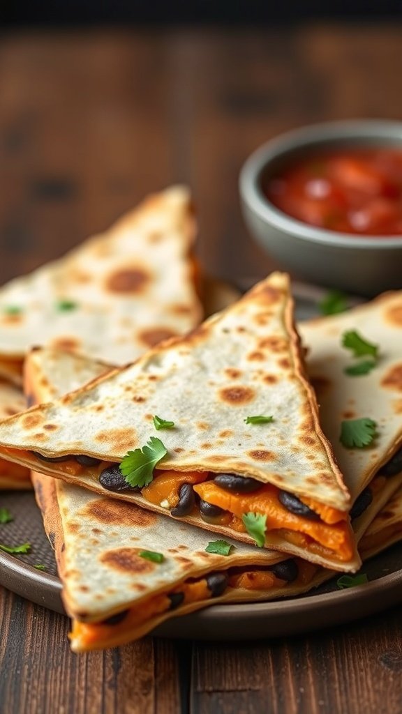 Sweet potato and black bean quesadillas served with salsa
