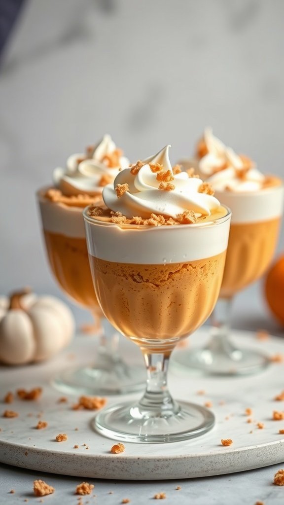 Three pumpkin mousse parfaits topped with whipped cream and crushed cookies