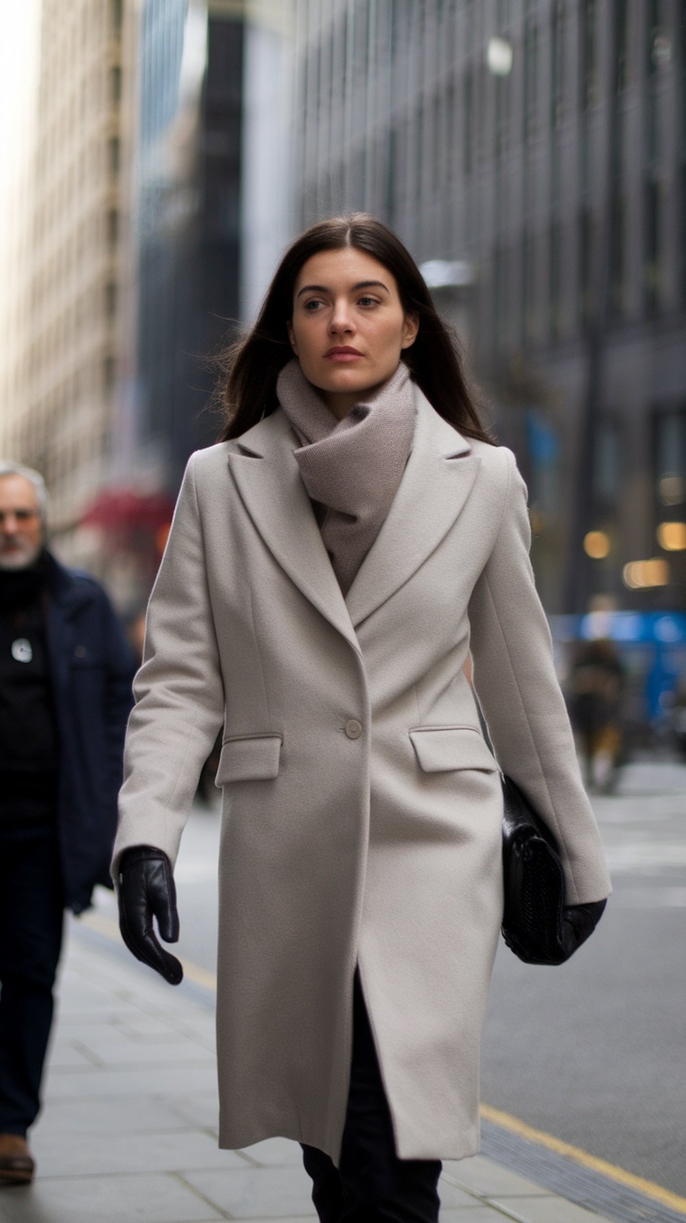 A woman wearing a beige tailored coat and scarf, walking in a city street.