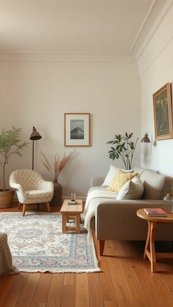 A feminine living room featuring a delicate rug, cozy sofa, and soft textiles.
