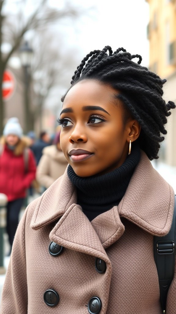 A young woman with twisted hair wearing a brown coat and a black turtleneck, walking in a winter setting.