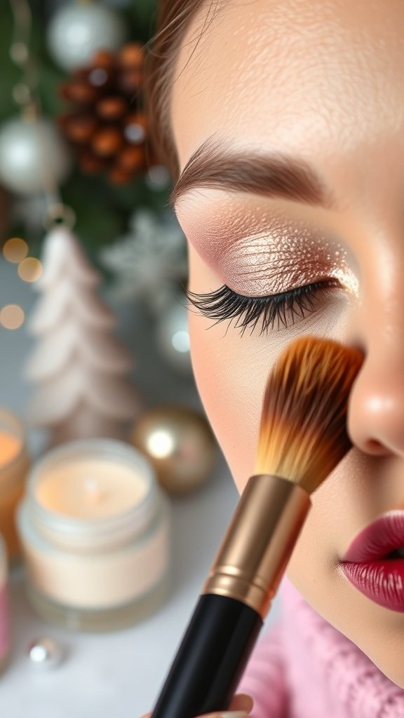 Close-up of a person applying highlighter on their cheek with a brush, showcasing a winter makeup look.