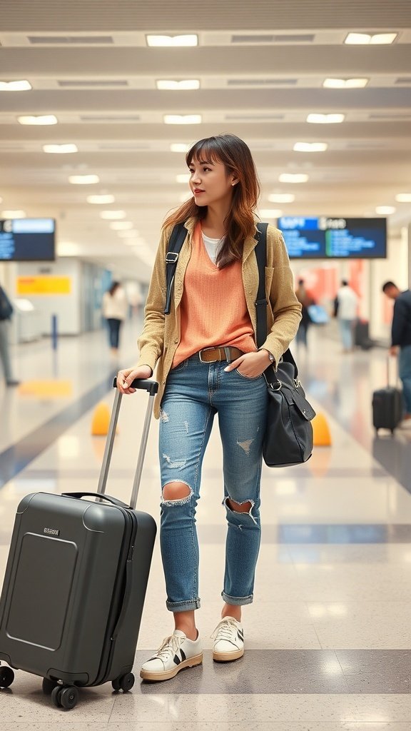 A woman in a casual yet trendy outfit at the airport, featuring a cozy sweater, distressed jeans, and white sneakers, with a suitcase in tow.