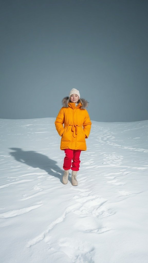 A person wearing a bright yellow coat and red pants standing in the snow.
