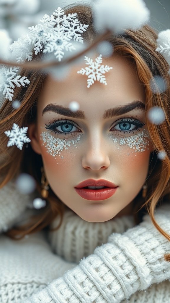 A model with glowing eye makeup and snowflakes in her hair, embodying a winter look.