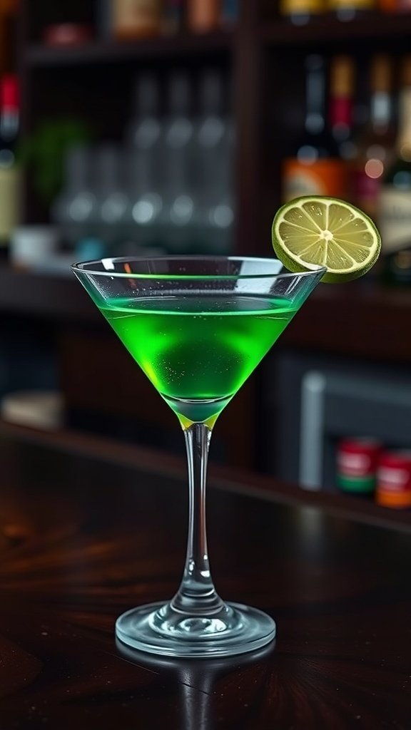 A vibrant green Emerald Isle Martini garnished with a lime slice, set against a bar background.