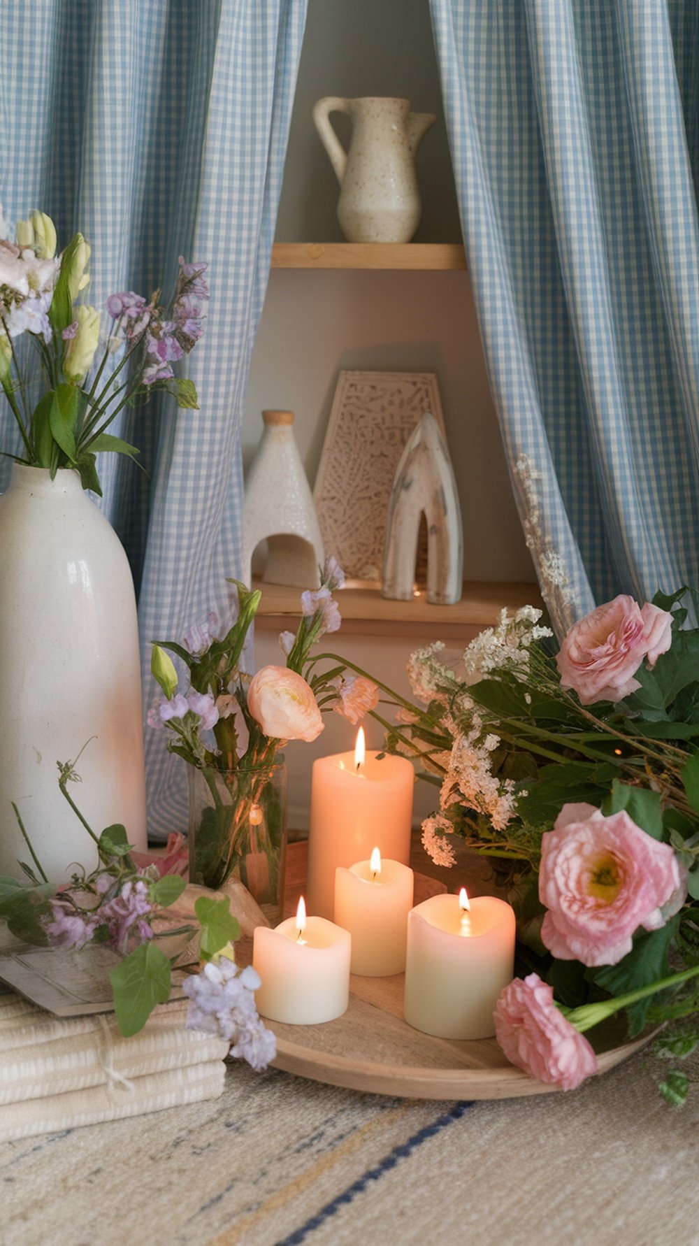 A cozy home decor setup featuring glowing candles and fresh flowers, perfect for transitioning from winter to spring.