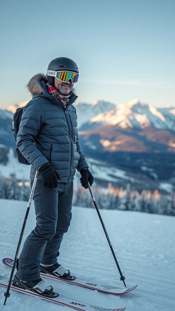 A skier in a stylish outfit with a fur-lined hood, dark pants, and colorful goggles on a snowy mountain.