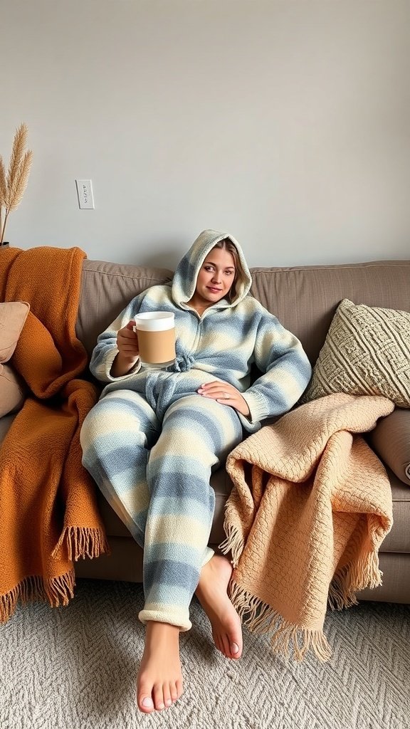 A person in cozy loungewear sitting on a couch with a warm drink.