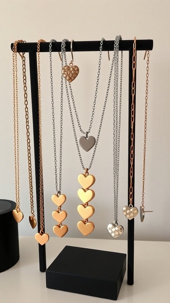 A display of layered heart-shaped necklaces in gold and silver tones.