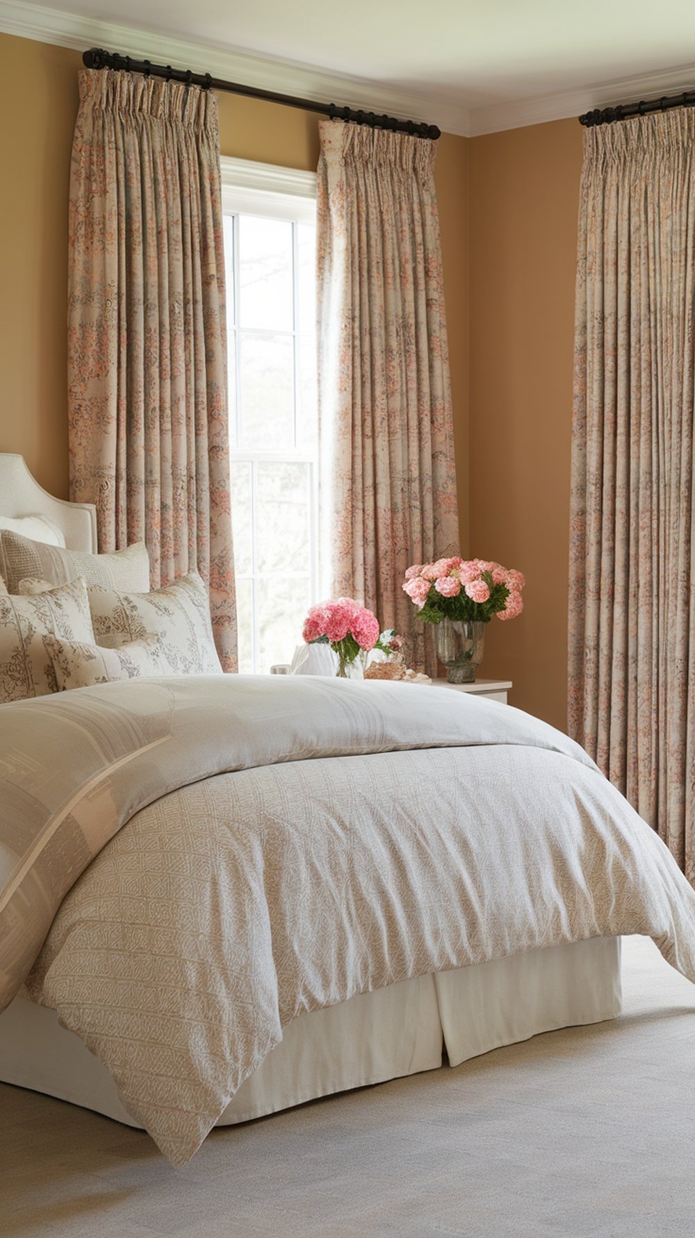 A cozy bedroom with light bedding and floral curtains, featuring pink flowers on a bedside table.