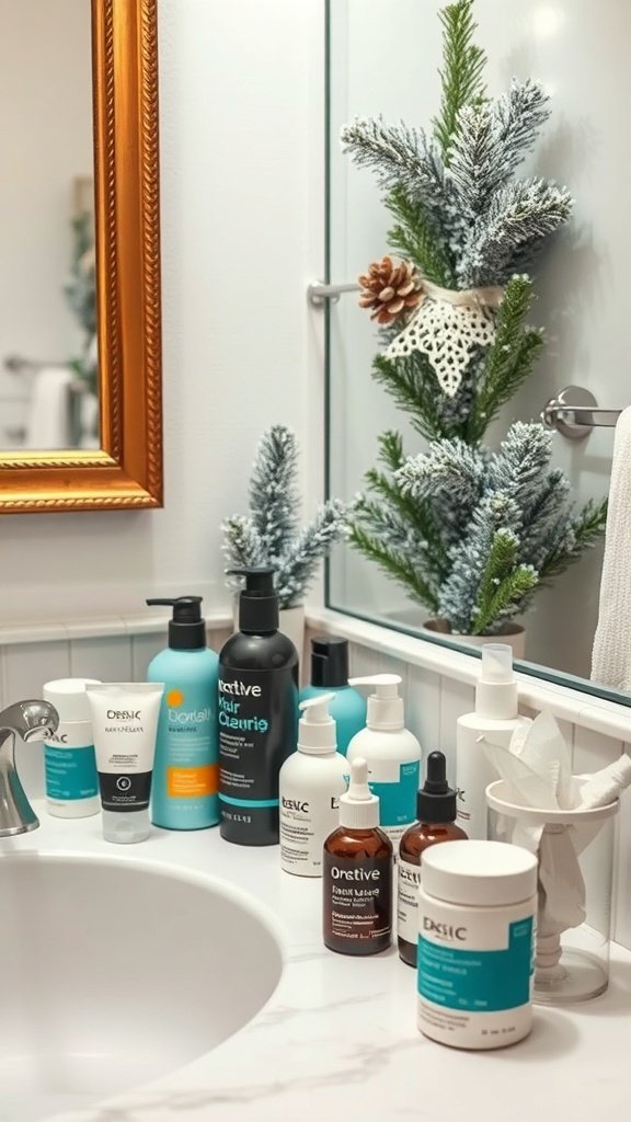 A bathroom counter with various hair care products and a small decorative pine tree.