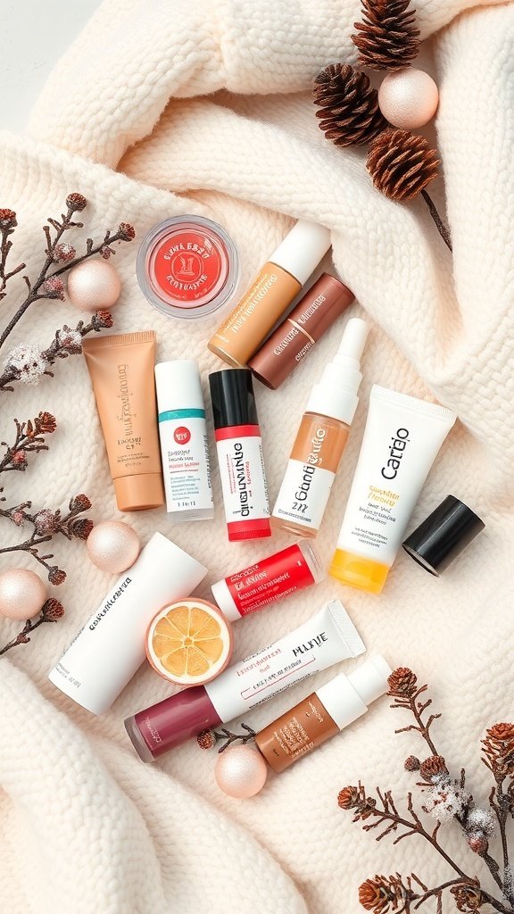 A collection of lip care products arranged on a cozy knitted blanket with pinecones and decorative ornaments.
