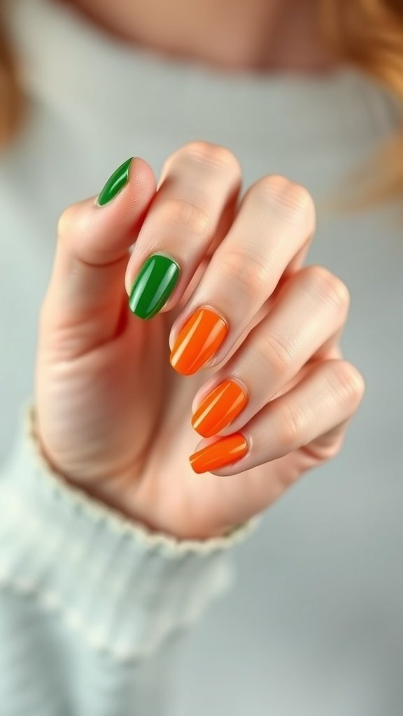 Nails painted in the colors of the Irish flag: orange, white, and green.