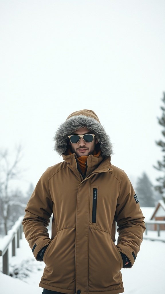 A person wearing a brown parka with a fur-lined hood and sunglasses in a snowy setting.