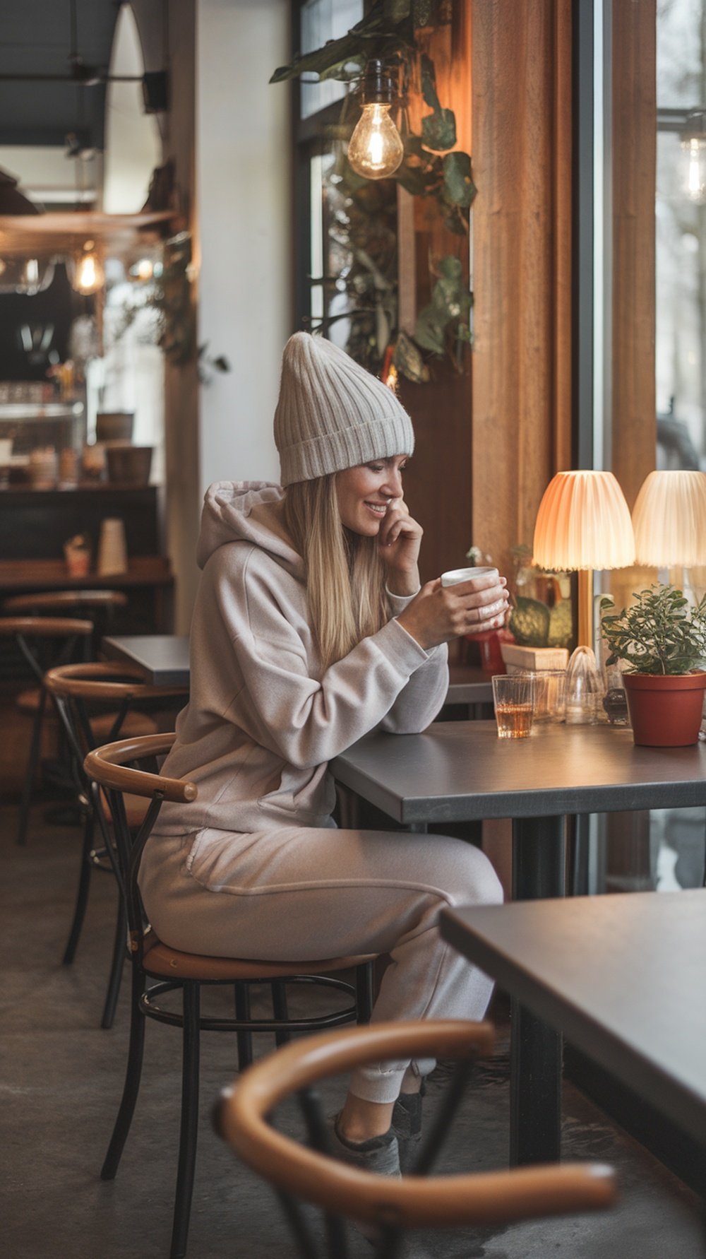 A woman in a cozy neutral outfit, enjoying a drink in a cafe.