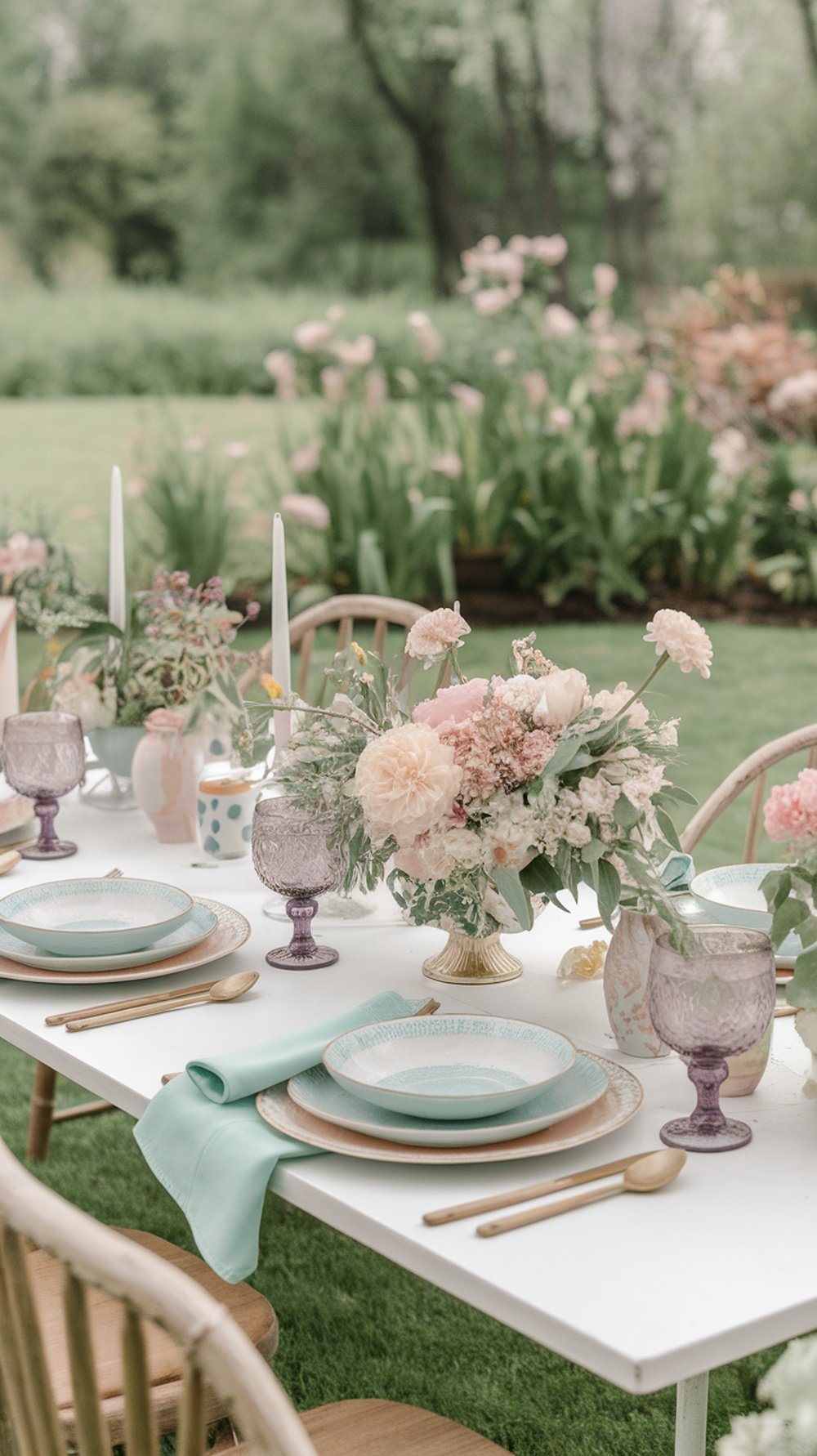 A beautifully set outdoor table with pastel plates, purple goblets, and floral arrangements, surrounded by greenery.