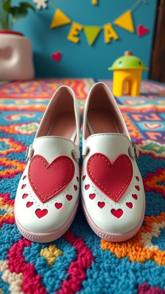 Black shoes with colorful heart patches on a vibrant rug in a playful room setting.