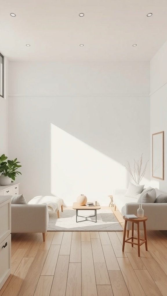 A bright and airy living room with minimal furniture, large windows, and natural light.