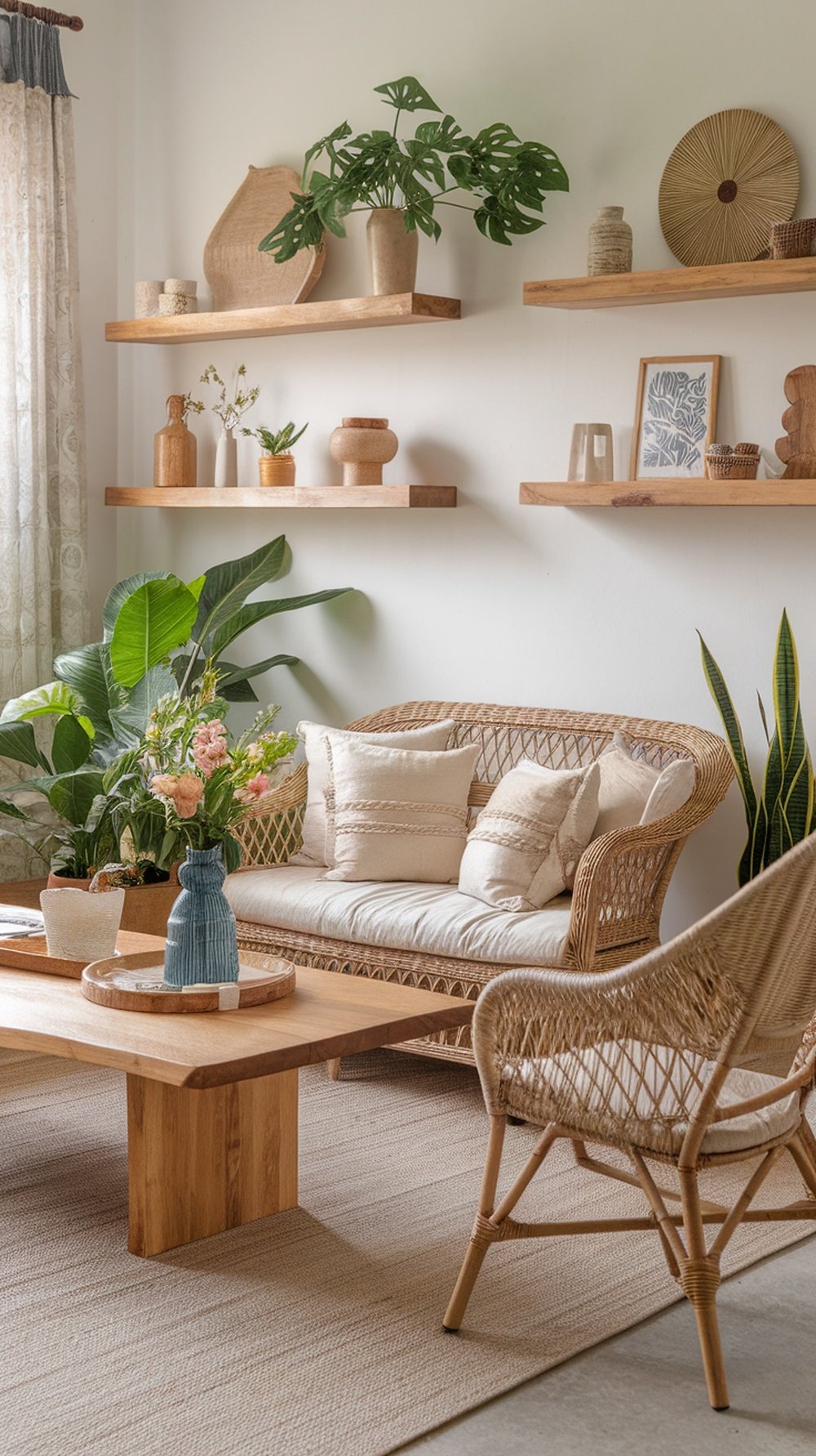 A cozy living room with rattan furniture, wooden coffee table, and decorative items on shelves.
