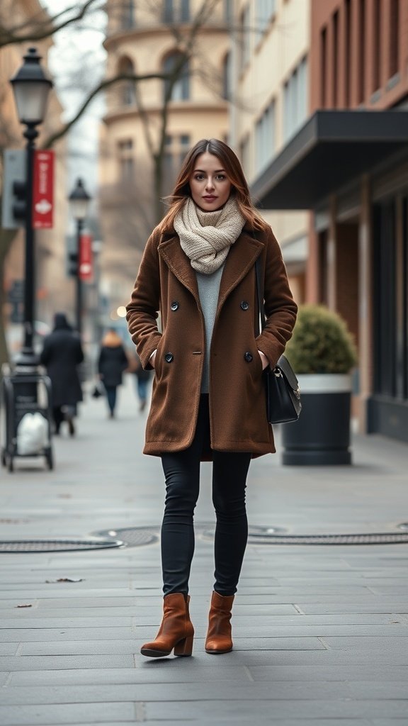 A woman in a brown coat and scarf walking in a city during winter.