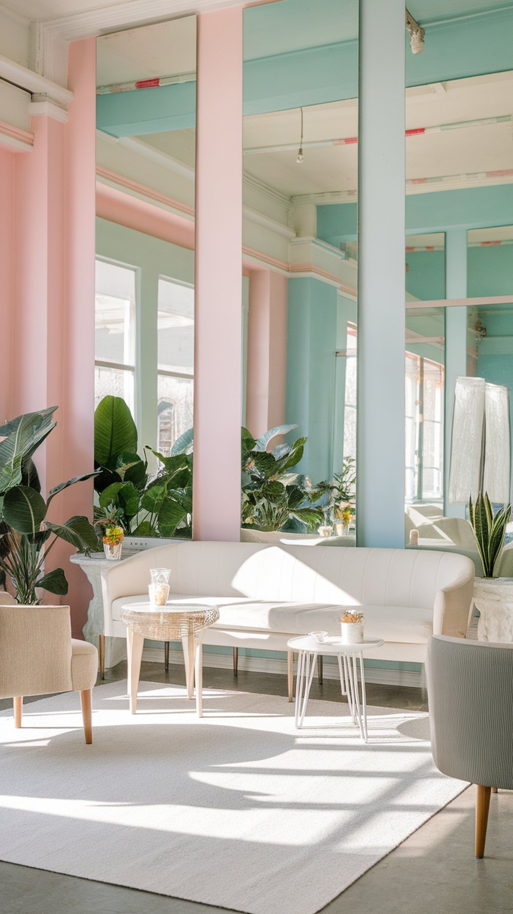 A bright room with large mirrors reflecting light, pastel walls, and indoor plants.