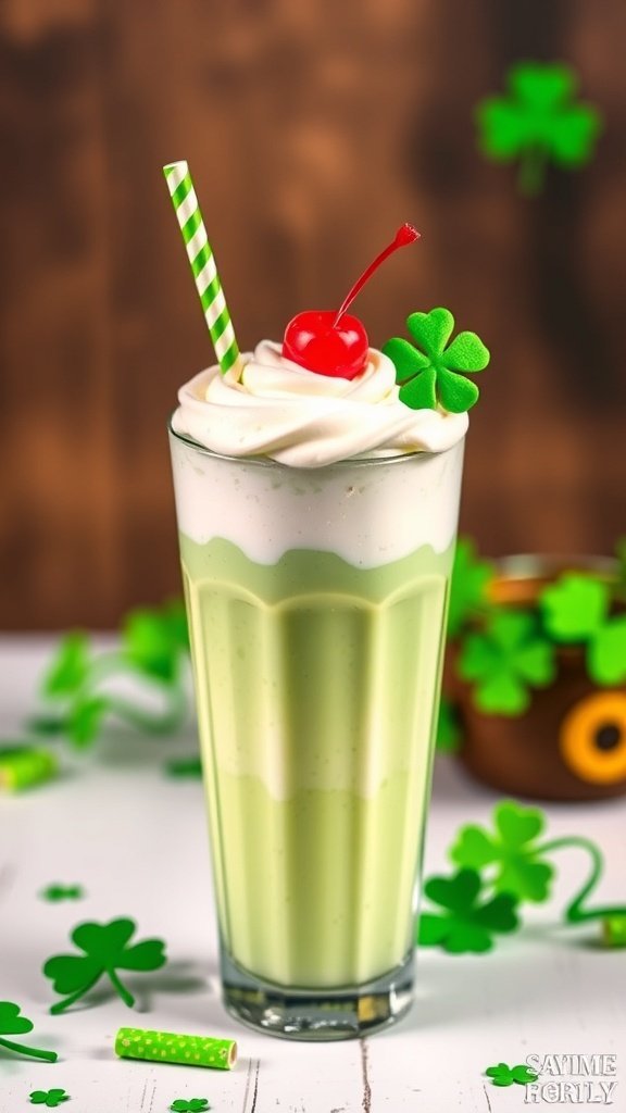 A classic Shamrock Shake with whipped cream, a cherry on top, and green decorations around it.