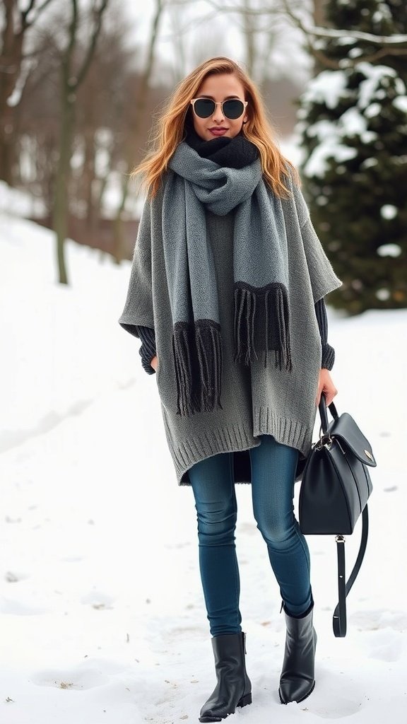 A person wearing a chunky knit sweater and scarf in a snowy landscape.