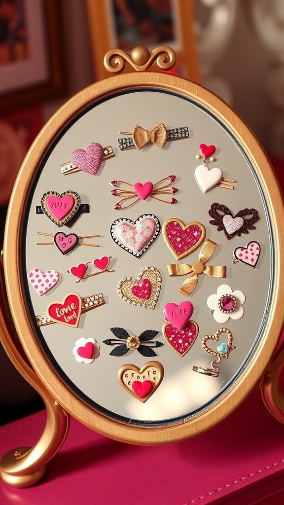 A mirror displaying various heart-themed hair accessories including bows, clips, and headbands in pink and red colors.