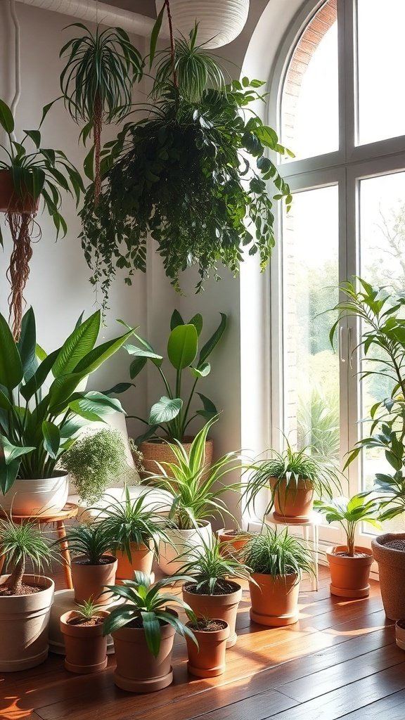 A bright room filled with various indoor plants, showcasing a light and airy home decor style.