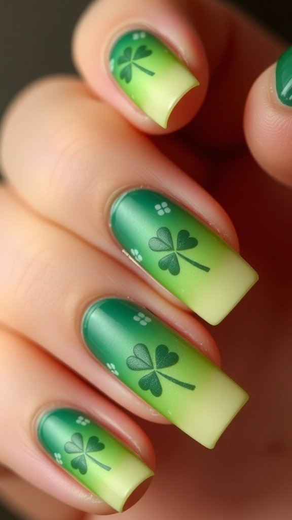 Nails featuring a green ombre design with shamrock patterns
