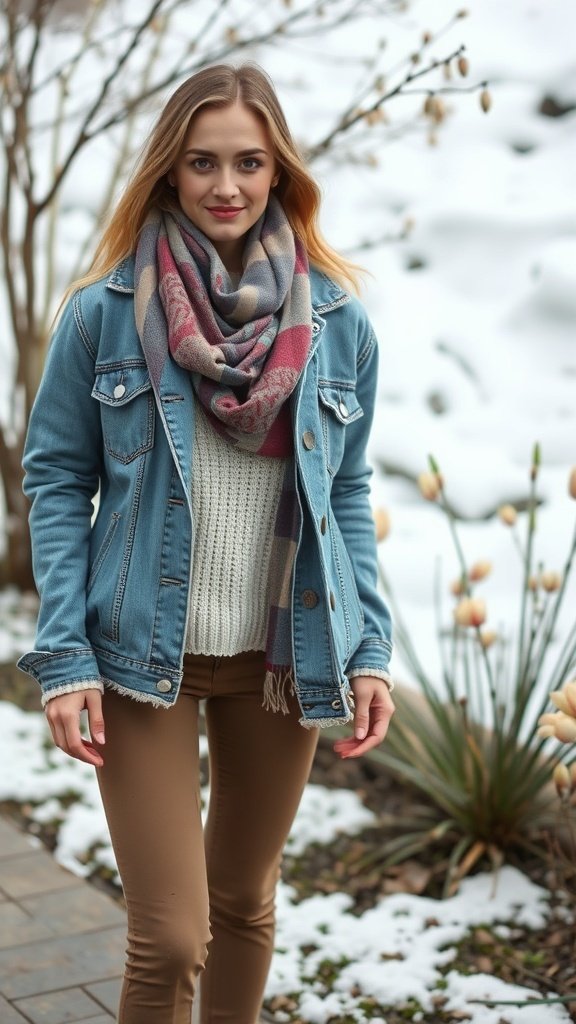 A woman wearing a denim jacket, cream sweater, and a colorful scarf, standing outdoors in a snowy environment.