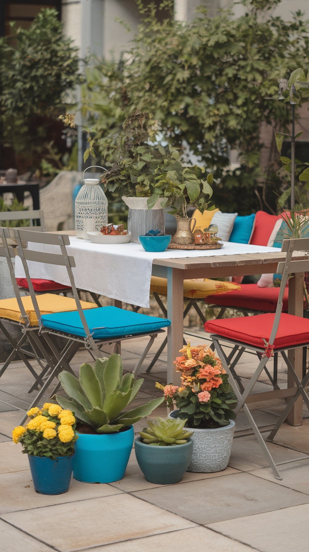 A cozy outdoor dining area with colorful cushions, a white tablecloth, and various potted plants.