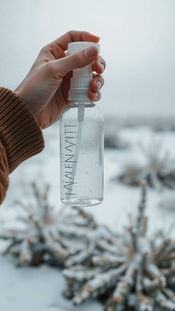 A hand holding a clear spray bottle in a snowy landscape