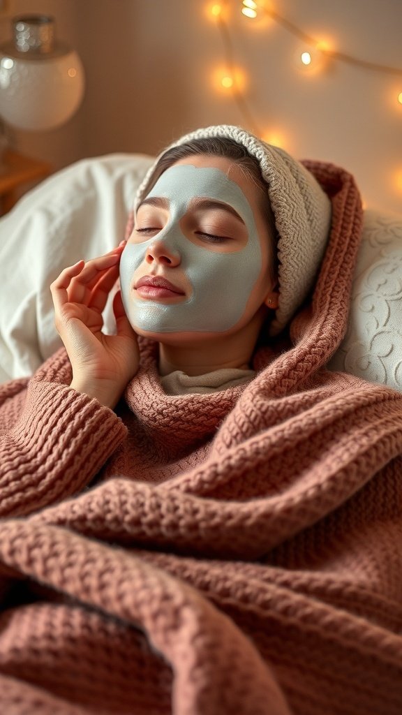 A person relaxing with a moisturizing face mask, wrapped in a cozy blanket, with soft lights in the background.