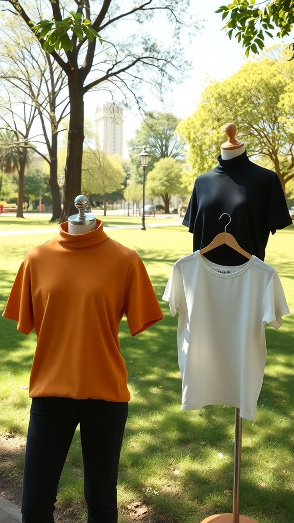 Three layered tops displayed outdoors: an orange turtleneck, a navy turtleneck, and a white tee.