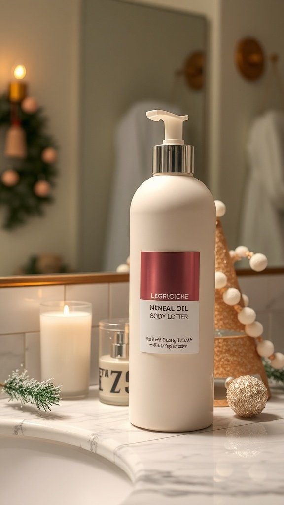 A bottle of Neneal Oil Body Lotion on a marble countertop with candles and festive decor in a cozy bathroom setting.