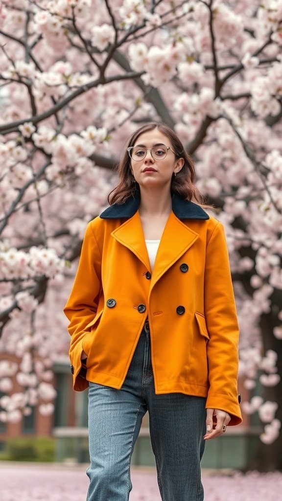 A woman wearing a bright orange coat with a navy collar, standing in front of blooming cherry blossom trees.