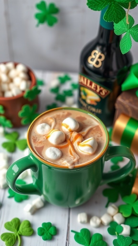A green mug filled with Bailey's Irish Cream Hot Chocolate topped with marshmallows and caramel, surrounded by shamrocks and a bottle of Bailey's.