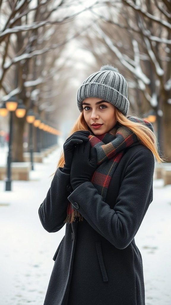 A woman in a gray beanie and plaid scarf stands in a snowy park.