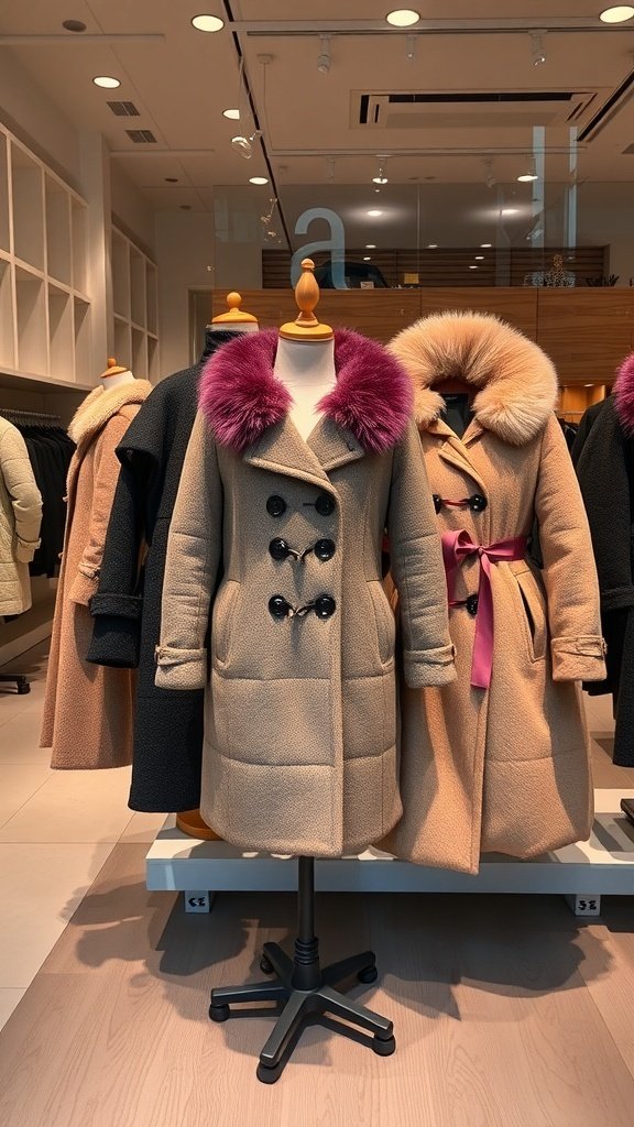 Display of stylish winter coats in a store, featuring a beige coat with a vibrant collar and dark coats in the background.