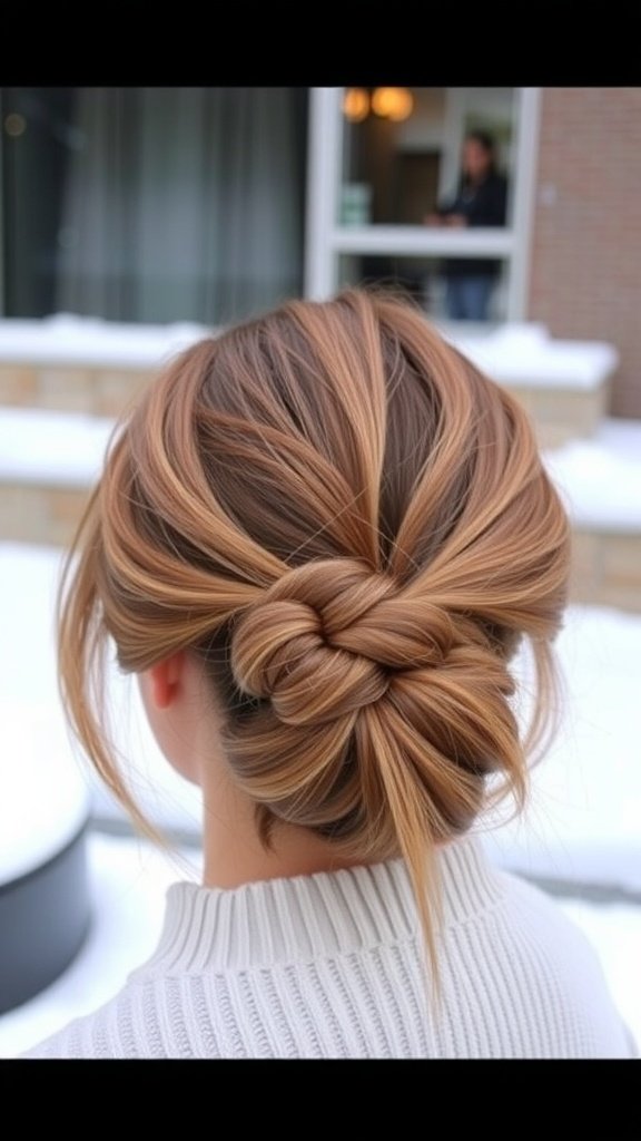 A stylish low bun with a side braid, showcasing warm hair tones against a winter background.