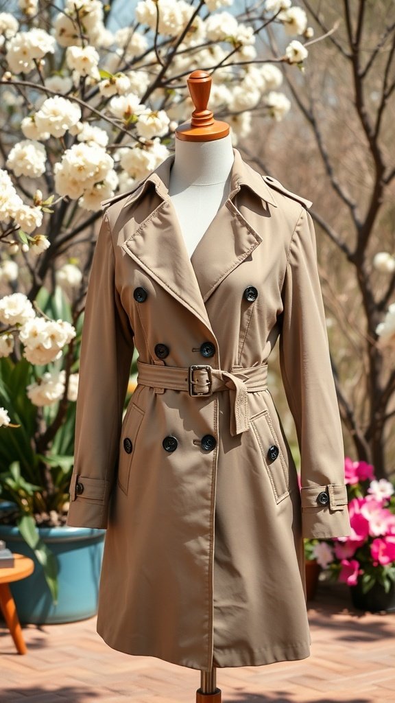 A stylish beige trench coat displayed on a mannequin, surrounded by blooming flowers.