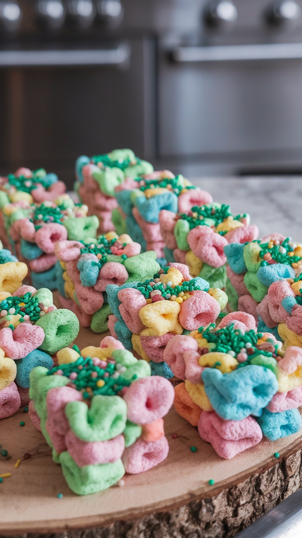 Colorful Lucky Charms Marshmallow Treats arranged on a wooden platter.