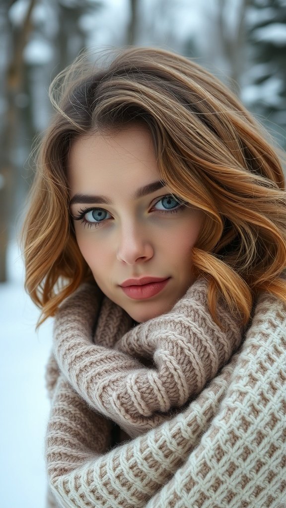 A young woman with natural waves in her hair, wrapped in a cozy scarf, set against a snowy background.