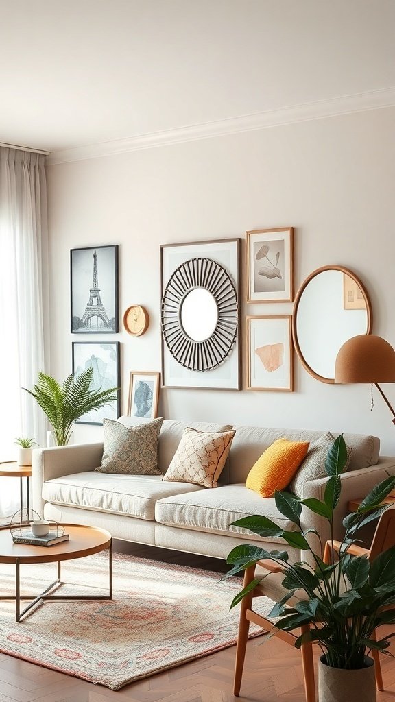 A feminine living room with artistic wall decor, featuring framed artwork, a round mirror, and potted plants.