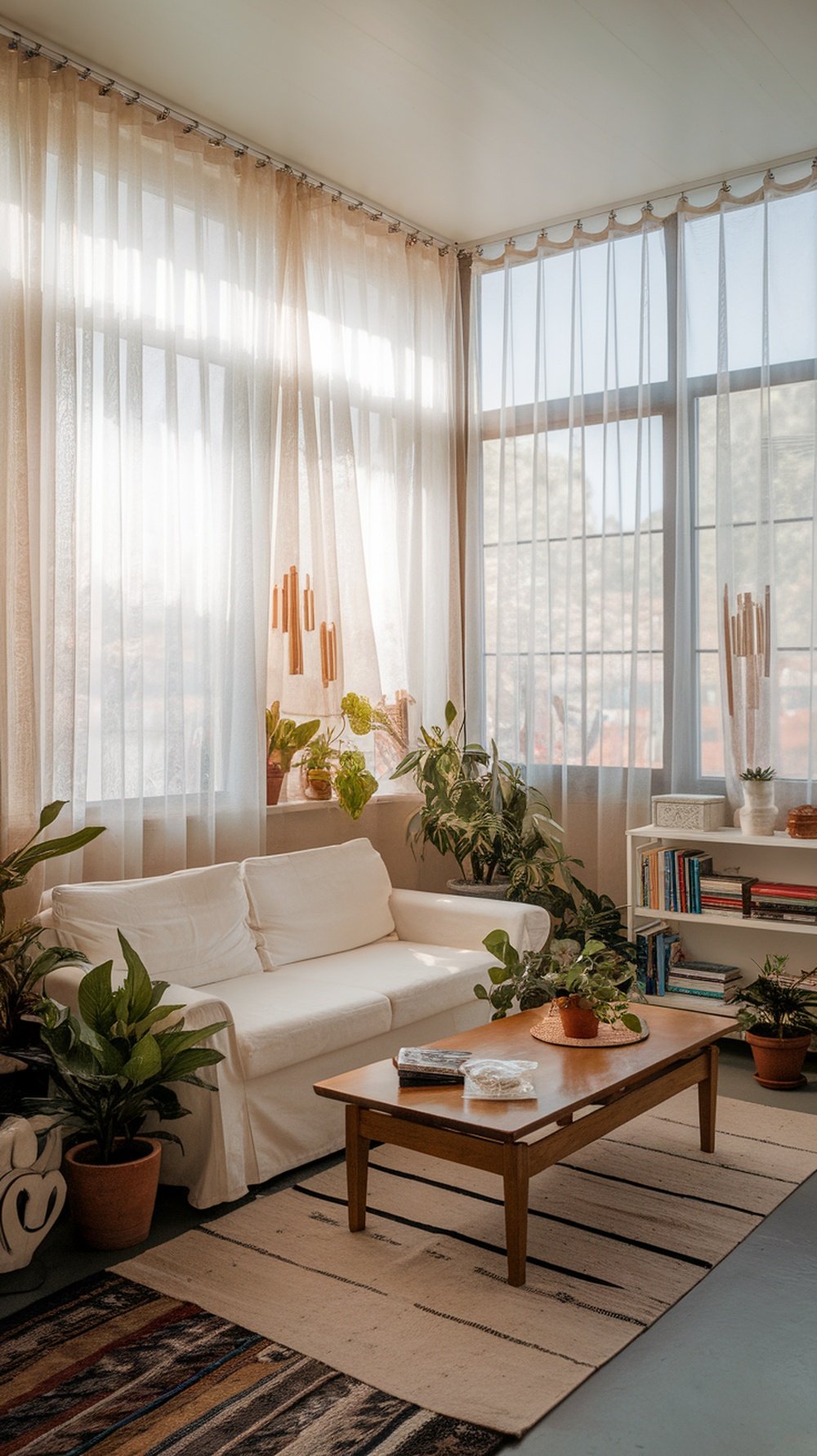 A cozy living room with sheer curtains, a white sofa, plants, and a wooden coffee table.